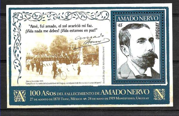 URUGUAY 2019 AMADO NERVO MEXICAN WRITER LITERATURE 100° ANIV SOUVENIR SHEET MNH