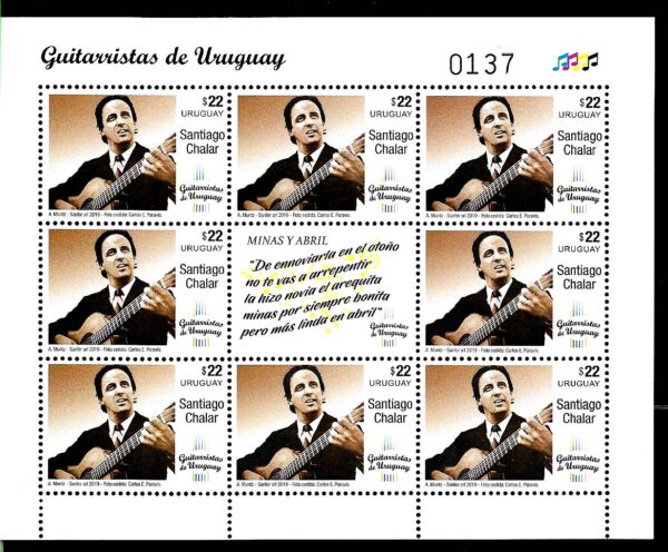 URUGUAY 2019 ART,MUSIC,GUITARRIT SANTIAGO CHALAR MINISHEET MNH
