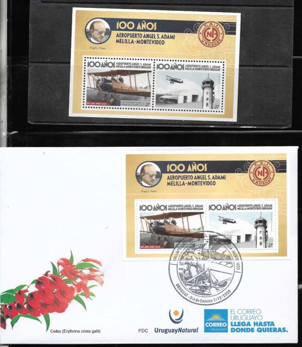 URUGUAY 2020 AVIATION ANIV ADAMI MELILLA AIRPORT OLD AIRPLANE,AVRO S/S MNH+FDC