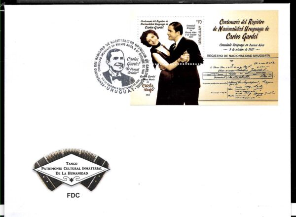 URUGUAY 2020 MUSIC TANGO CARLOS GARDEL SINGER FILM SCENE SOUVENIR SHEET FDC