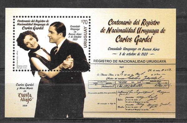 URUGUAY 2020 MUSIC TANGO CARLOS GARDEL SINGER FILM SCENE SOUVENIR SHEET MNH