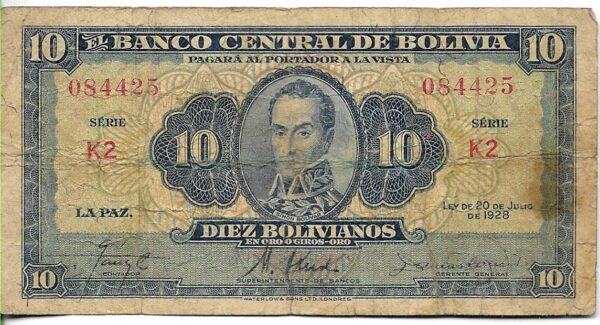 #B32 BOLIVIA 10 BOLIVIANOS AÑO 1928 USED
