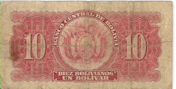 #B32 BOLIVIA 10 BOLIVIANOS AÑO 1928 USED - Imagen 2