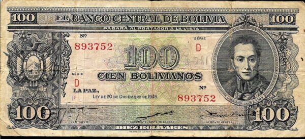 #B38 BOLIVIA 100 BOLIVIANOS AÑO 1945 USED