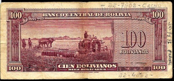 #B38 BOLIVIA 100 BOLIVIANOS AÑO 1945 USED - Imagen 2