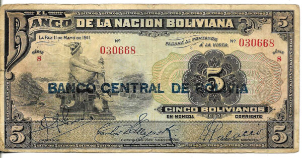 #B36 BOLIVIA 5 BOLIVIANOS AÑO 1911 USED