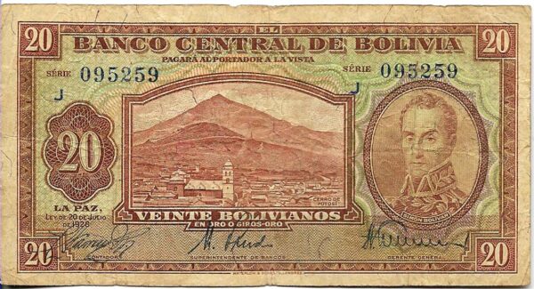 #B27 BOLIVIA 20 BOLIVIANOS AÑO 1928 USED