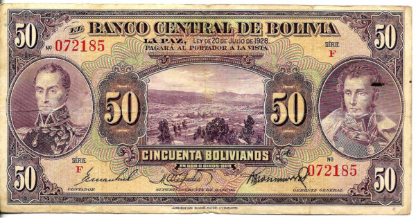 #B25A BOLIVIA 50 BOLIVIANOS AÑO 1928 RED SERIE F XF