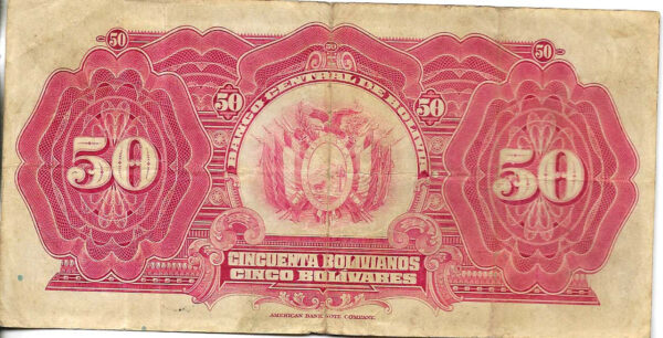 #B25A BOLIVIA 50 BOLIVIANOS AÑO 1928 RED SERIE F XF - Imagen 2