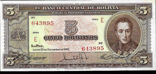 #B34 BOLIVIA 5 BOLIVIANOS AÑO 1945 UNC