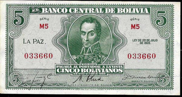 #B26 BOLIVIA 5 BOLIVIANOS AÑO 1928 UNC