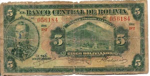 #B28 BOLIVIA 5 BOLIVIANOS AÑO 1928 USED