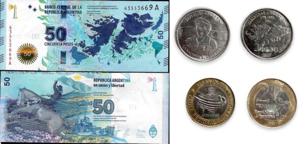 ARGENTINA LOT MALVINAS 2 PESOS BIMETALLIC, 2 PESOS 25TH ANNIVERSARY, 50 PESOS PAPERMONEY